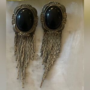 Vintage Mid Century Glam 1950s Black Silver Tone Fringe Dangle Pierced Earrings